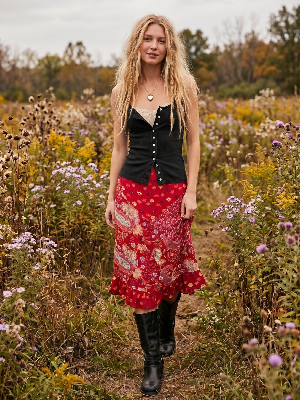 Vintage 90s Y2K Bohemian Floral Patchwork Midi Skirt Silky Ruffle Size Large
